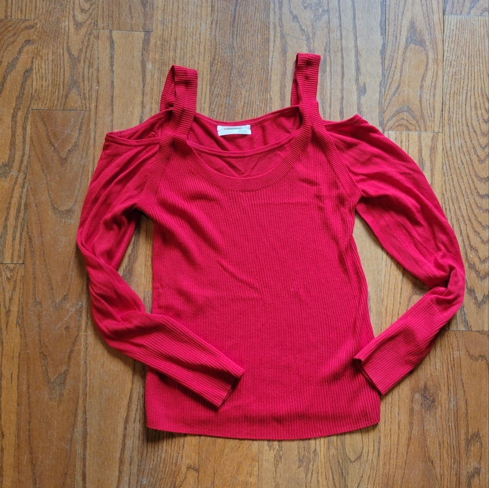 Anthropologie Red Jamie Ribbed Open Shoulder Long Sleeve Knit Sweater Top Large